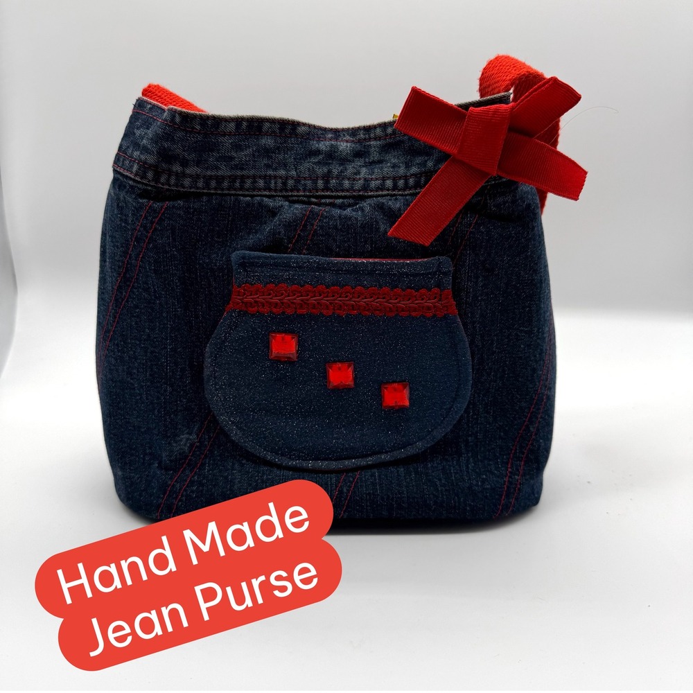Handmade Denim‎ Jean Purse Red Trim Bow Accent Snap Closure